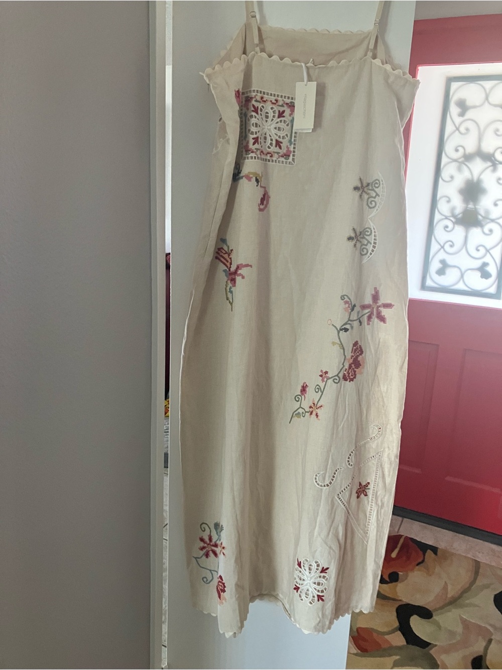 Magaschoni Linen Viscose Cream Embroidered Maxi Dress with Floral Motif NWT L - Picture 3 of 15